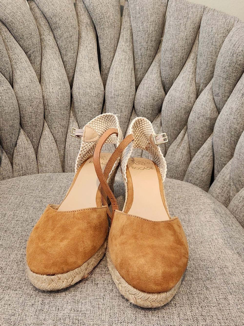 Tan Suede Espadrille Wedges with Ankle Strap